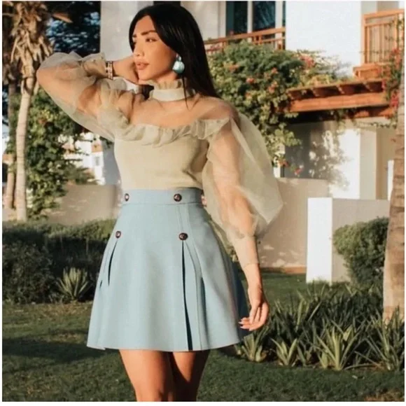 Zara Organza Sheer Ruffle Knit Top in Sea Foam Green Blogger Favorite Size Small - Picture 4 of 16